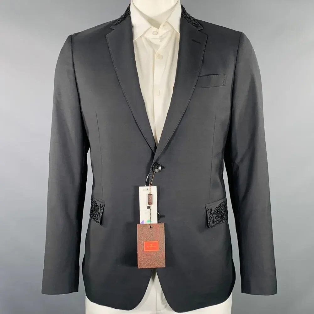 ETRO Size 42 Giacche Black Beaded Wool Notch Lapel Sport Coat